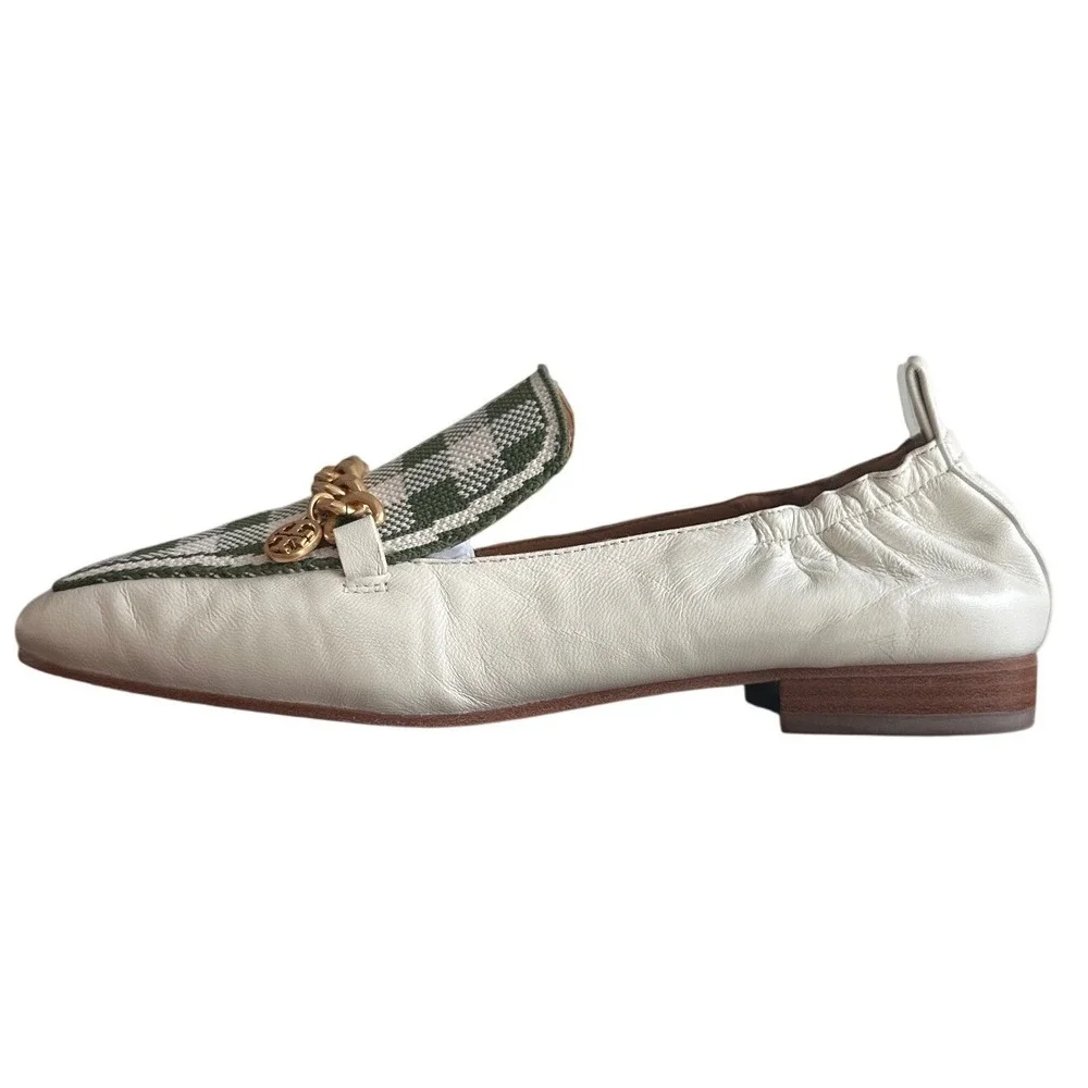 Tory Burch Mini Benton Gingham Chain Charm Loafers Ivory Green Size 8